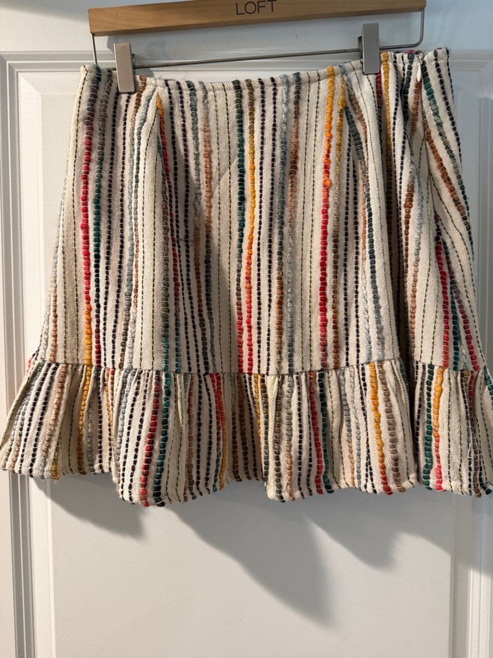 THML Cream Skirt with Multicolor Vertical Stripes and Ruffle Hem